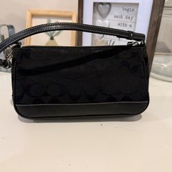 Vintage Coach Signature Black Leather Canvas Pouchette 6094 Demi Shoulder Bag EC