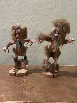 Set of 2 Vintage Native American Kachina Doll Eagle & Buffalo Dancer SIGNED