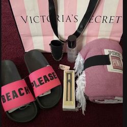 Victoria Secret Bundle NWT Victoria Secret beach blanket PINK Victoria's Secret Cheeky Slide "BEACH PLEASE" Size Large 9/10 Victoria secret hand sanit