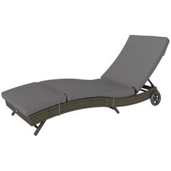 Outsunny Patio Wicker Chaise Lounge Chair with Adjustable Backrest and 2 Wheels, Gray