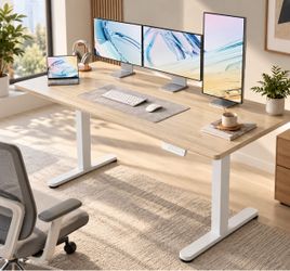 63x28 Inch Electric Standing Desk, Height Adjustable, Natural 176 Lbs Capacity, Smooth Home Office Desk, 4 Memory Presets & Headphone Hooks, 28.3–46.5