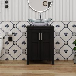 24" Bathroom Vanity with Sink, White Bathroom Vanity and Sink Combo with Faucet & Pop Up Drain Set,Traditional Vanity with Blue Glass Boat Bathroom Si