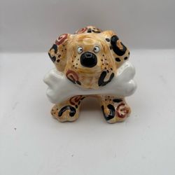 VTG Rare Ganz Bella Casa Ceramic Puppy Holding Bone Bank W/Black N Red Spots