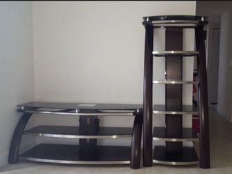 Modern Curved Dark Wood Glass TV Stand + Matching Tall Media Tower Set | Excellent Condition $250