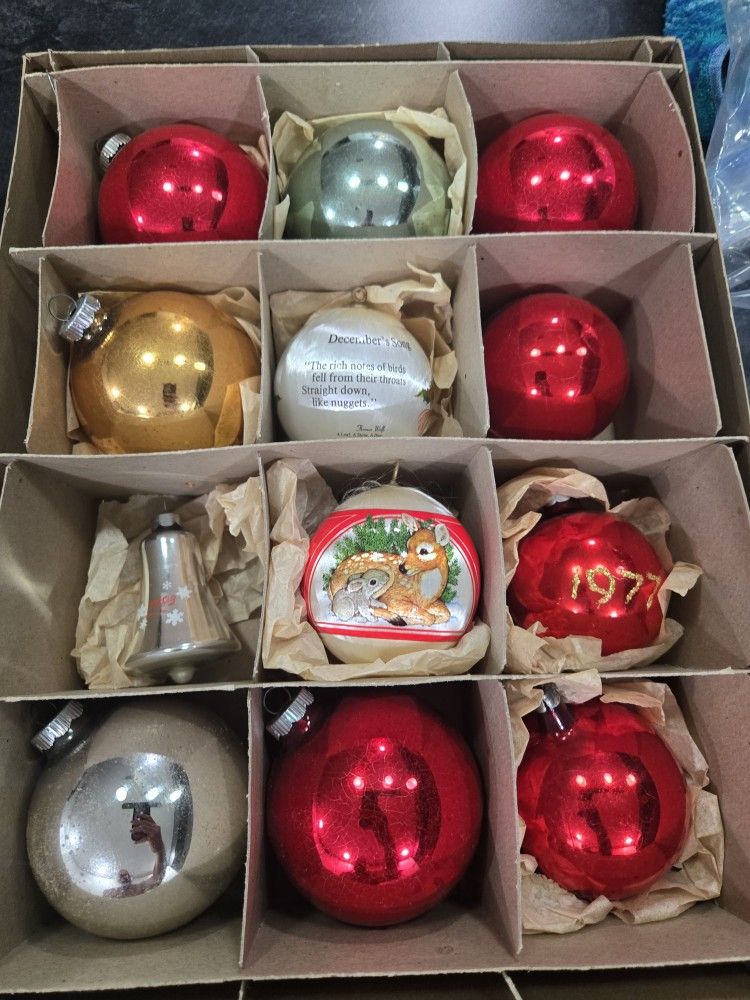 Vintage Rare 12 SHINY BRITE Glass Christmas Ornaments With Original Box