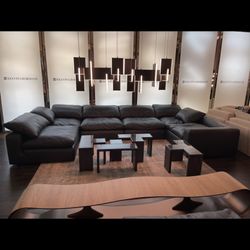 Leather Cloud Couch In Dark Navy Blue 6PC