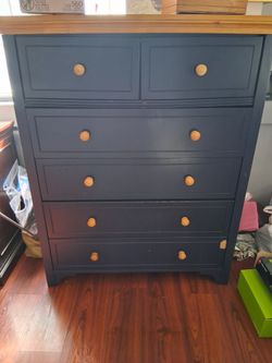 Navy Blue Tall Dresser with Wood Knobs