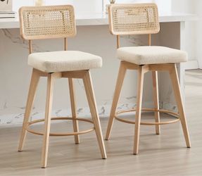 Set of 4 Uniondale Swivel Counter Stools (8 months old) – Linen Upholstery & Rattan Cane Back