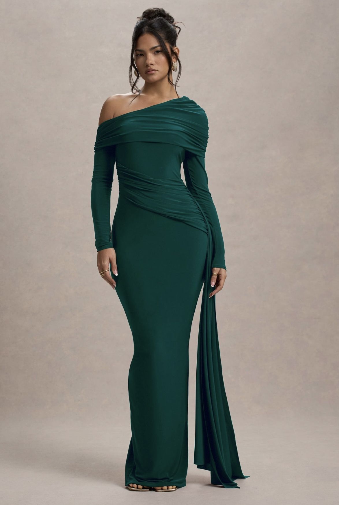 GREEN RUCHED ASYMMETRIC MAXI DRESS WITH DRAPE