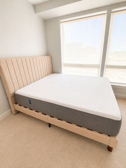 Zinus Upholstered King Bed Frame and Casper Memory Foam Mattress - Great Condition