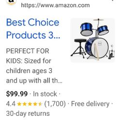 Best Choice Products 3-Piece Beginner Drum Set for Kids Juniors, w/Throne Stool, Cymbal, Drum Sticks, Bass Drum Pedal, 2 Toms - Blue
(Brand New In The