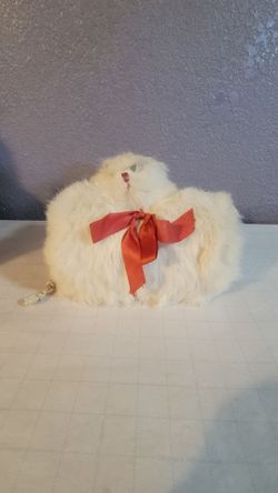 Child's White Rabbit Fur Hand Warmer Muff, Styled With Kitty Face 1950s