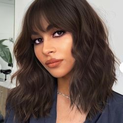 AISI HAIR Natural Brown Synthetic Curly Wavy Bob Wig With Bangs For Women, 21-23 Inches