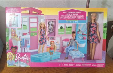 Brand New, Sealed!! BARBIE...FULLY FURNISHED FOLD AND GO PLAY-HOUSE + DOLL AND ACCESSORIES.