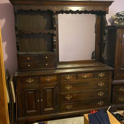 Large Dark Walnut Old English Style Dresser With Mirrored Hutch