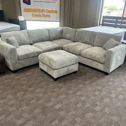 Gray Corduroy Sectional Couch W/ Ottoman 