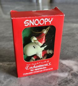 Vintage Peanuts Snoopy Santa Enchantments Miniature/Mini Christmas Ornament Snowboarding 