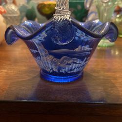 Fenton Cobalt Blue Mary Gregory Hand Painted Basket Limited Edition