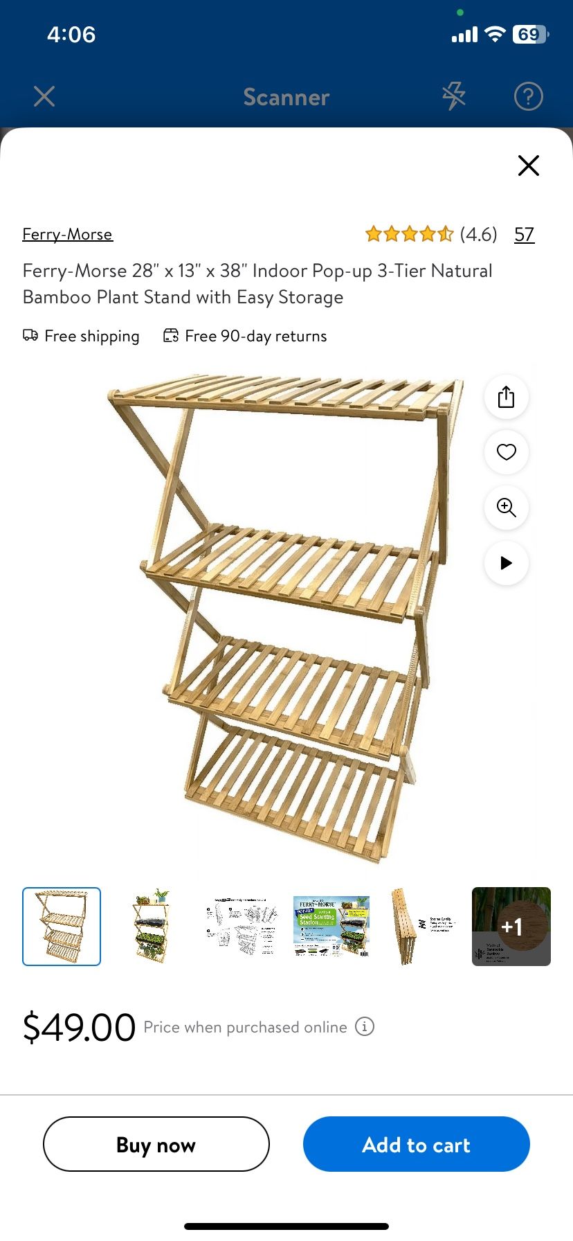 Ferry-Morse 28" x 13" x 38" Indoor Pop-up 3-Tier Natural Bamboo Plant Stand with Easy Storage