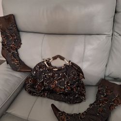  Denim Stiletto Boots & Matching Hand Bag Set