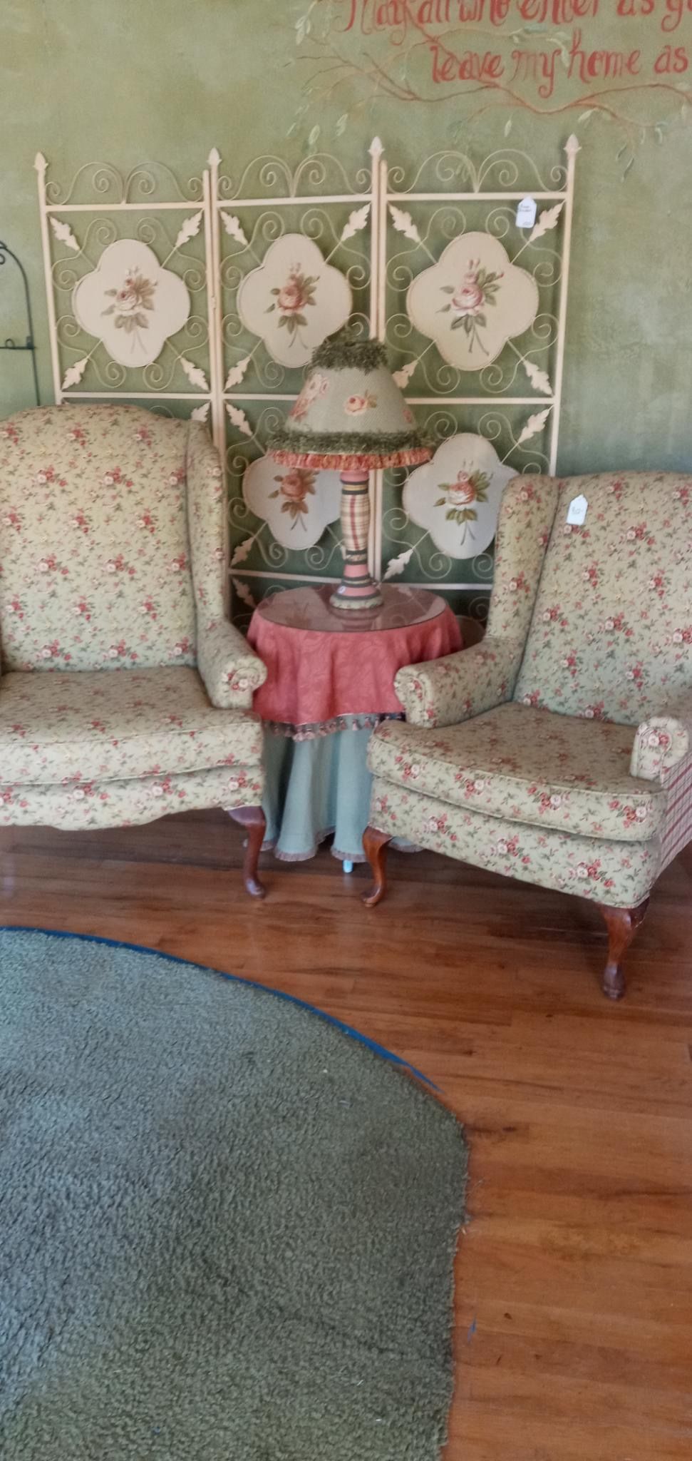 Winged Back Chairs, Table And Lamp