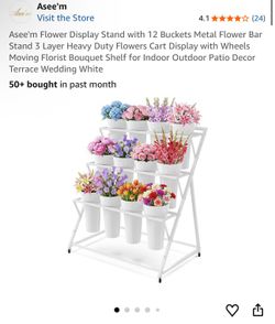 Asee'm Flower Display Stand with 12 Buckets Metal Flower Bar Stand 3 Layer Heavy Duty Flowers Cart Display with Wheels Moving Florist Bouquet Shelf fo