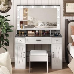 Vanity Desk with Mirror and Lights,Glass Top,Makeup Vanity Table Set with Stool,Charging Station and 3 Lighting Modes,2 Cabinets 3 Drawers 