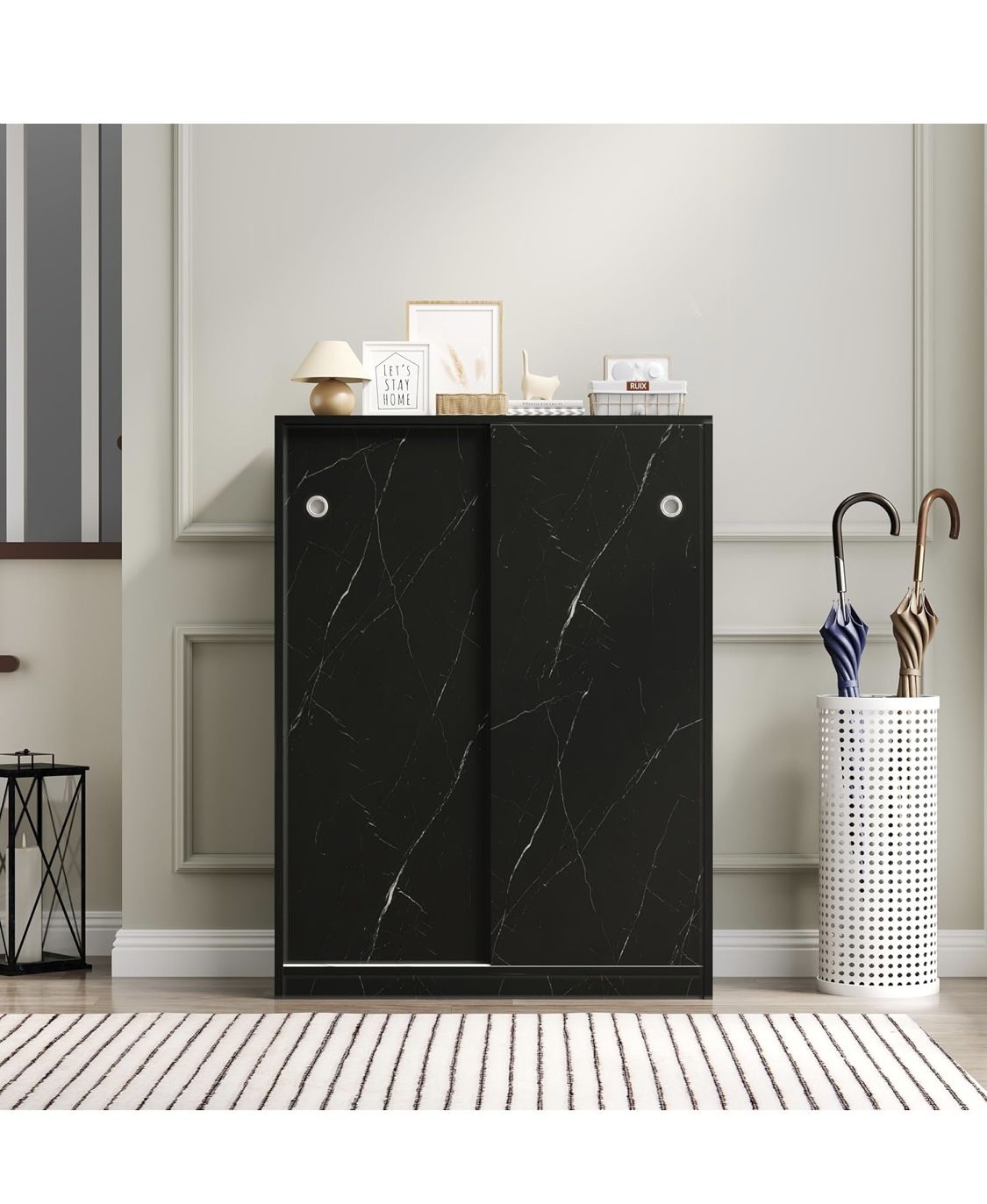 Marble Black Shoe Cabinet with Sliding Door & 6 Layers - Storage for 30+ Pairs