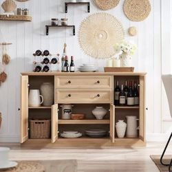 natural finish rattan buffet cabinet with four doors and two drawer  58'' Buffet Cabinet - 15.86"D x 58”W x 34"H