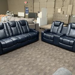 Navy Blue Leather Power Reclining Leather Set 