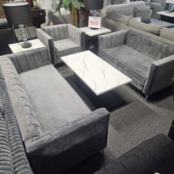 Brand New Gray Velvet Sofa + Loveseat + Chair 3PCs Set