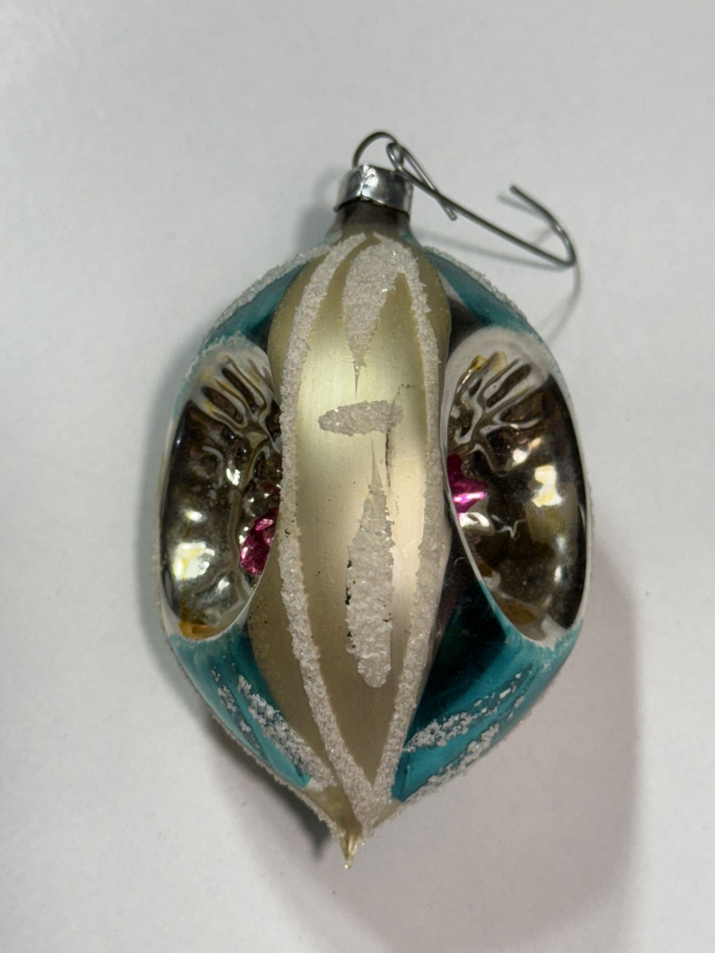 Vtg Germany Glass Triple Indent Reflector Teardrop Ornament Pink Blue Mica 4"