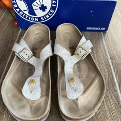 Birkenstock Gizele Leather Metalic Silver Flip Flops Size 42(11)