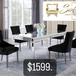 Mirror And Black Chairs Dinning Set 7 Pc 