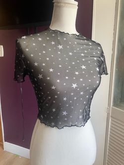 Black Mesh Star Print Crop Top
