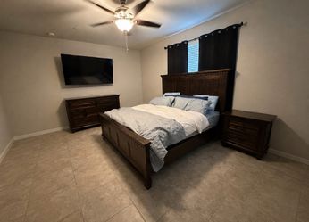 Dark Wood Bedroom Set – Bed, 2 Dressers & Nightstand
