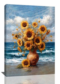 Brand New Sunflower Wall Art Coastal Ocean Waves Sunflower Pictures Wall Decor Floral Canvas Painting Print Modern Artwork Decorations Framed for Bath