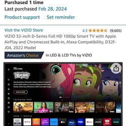 VIZIO 32-inch D-Series Full HD 1080p Smart TV with Apple AirPlay and Chromecast Built-in, Alexa Compatibility, D32f-J04, 2022 Model