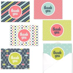 Mod Thank You Note Cards Pack / 36 Appreciation Cards With White Envelopes Set / 6 Thanks Geometric Greeting Card Designs / 3 1/2" x 4 7/8" 
