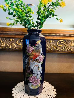 Cobalt Blue Ceramic Vase with Pheasant and Floral Design