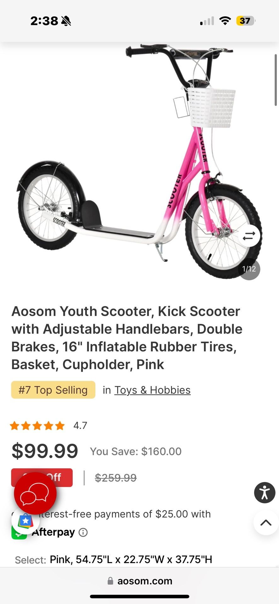 Aosom Youth Scooter Kick Scooter with Adjustable Handlebars Double Brakes 16