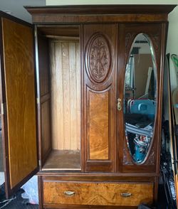 Antique Walnut Veneer Mirrored Wardrobe Armoire with Drawer