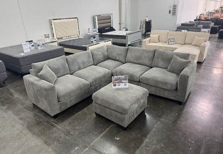 Sectional Sofa Couch,With Ottoman Grey Corduroy Fabric