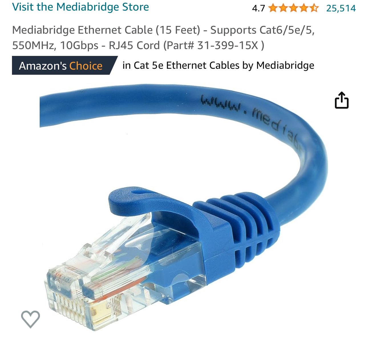 Mediabridge™ Ethernet Cable (15 Feet) - Supports Cat6 / Cat5e / Cat5 Standards, 550MHz, 10Gbps - RJ45 Computer Networking Cord (Part# 31-399-15X)