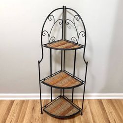 Vintage Metal Rattan Corner Shelf Plant Stand Display