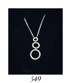 17" Solid Teal Leather Necklace w Solid Sterling Silver 3 Circle Link Pendant, signed