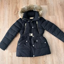 Michael Kors Hooded Faux Fur-Trim Button Front Belted Down Puffer Coat Size: S 