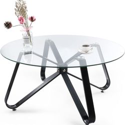 Glass Round Coffee Table -PRICE FIRM  Glass Top, Black Sofa End Table with Protective Foot Pads, Metal Leg - Ideal for Living Room, Dining