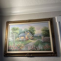 Original Hand-Painted Charming Cottage Garden Landscape Art in Ornate Gold Frame