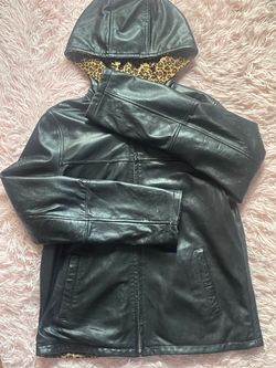Black genuine leather jacket with leopard print hood